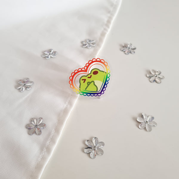 frog pride heart acrylic pin